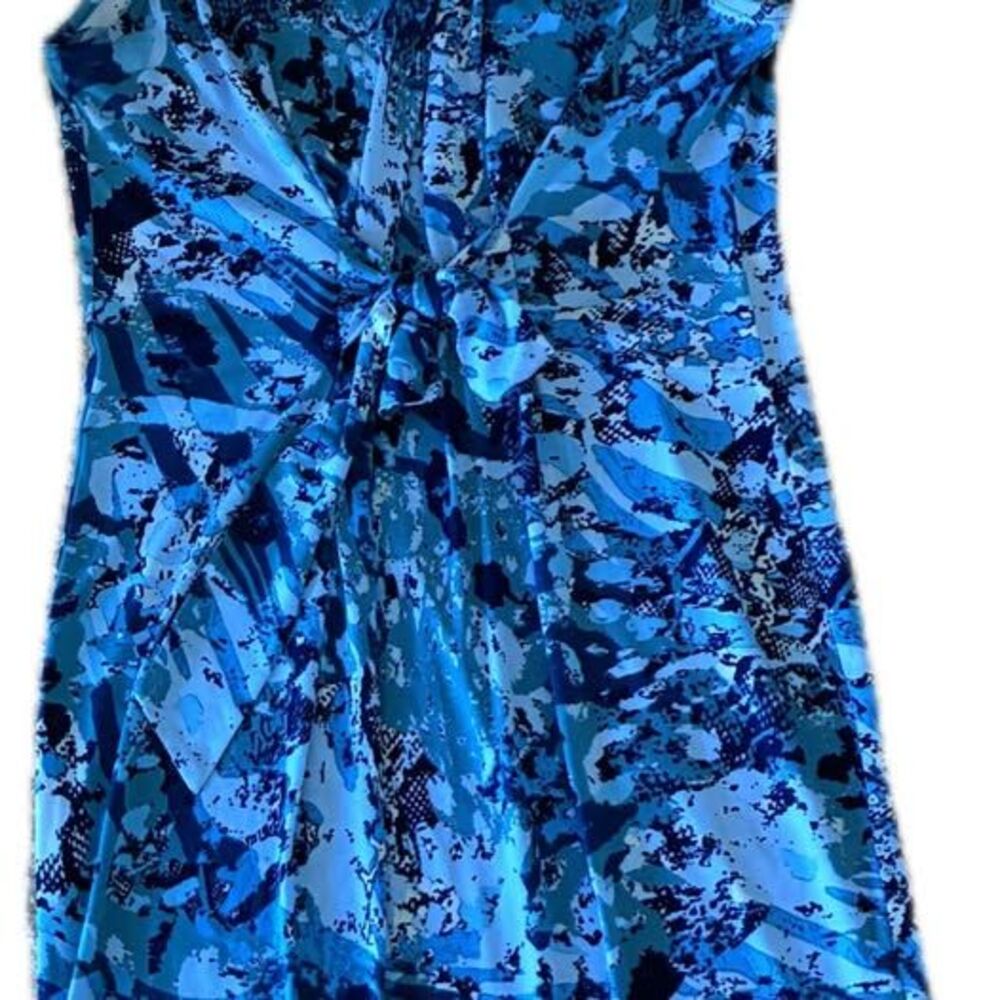 Donna Ricco Blue Abstract Print Halter Dress with Chain Detail Size 10